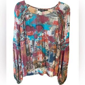 Tolani Sz M Purple Teal Drapey Flowy Boho Long Sleeve Balloon Sleeves Top